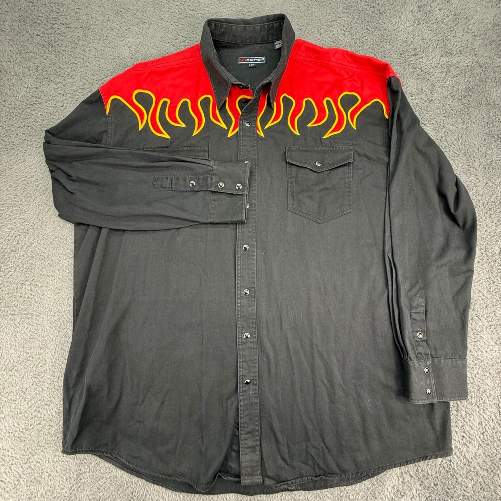 Roper Western Shirt Mens 3XL Black Red‎ Flame Embroidered Long Sleeve Snap Front